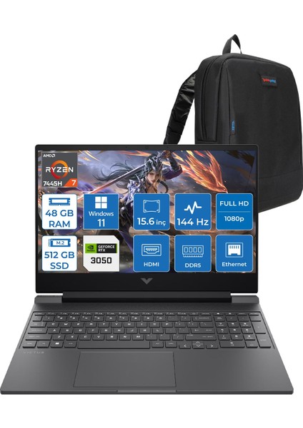 Victus Gaming Amd Ryzen 7-7445HS 48GB Ddr5 512GB SSD Rtx 3050/4GB 15.6" Fhd (1920 x 1080), 144 Hz, Ips, 300 Nits WIN11HOME Gaming Bilgisayar WBX9V1EAF17+ZETTAÇANTA