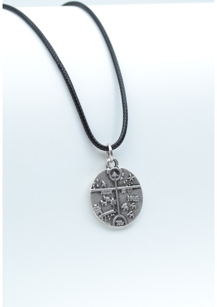 Kam - Şaman Davulu Gümüş Kaplama Deri İp Kolye