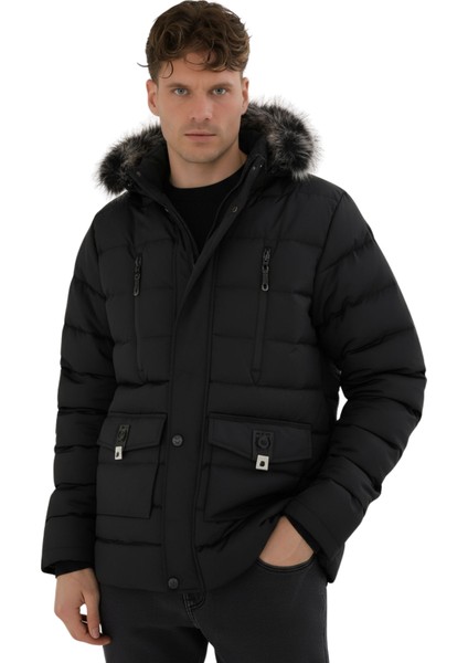 Erkek Siyah Erkek Outdoor Su Geçirmez Kapüşonlu Kışlık Kaban – Rüzgar ve Yağmura Dayanıklı Mont&kaban