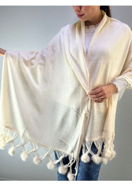 Ekru Triko Püsküllü Ponponlu Kadın Şal 175X60 cm