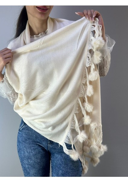 Ekru Triko Püsküllü Ponponlu Kadın Şal 175X60 cm fiyatları