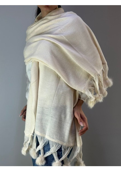 Ekru Triko Püsküllü Ponponlu Kadın Şal 175X60 cm modelleri