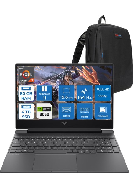 Victus Gaming Amd Ryzen 7-7445HS 80GB Ddr5 4tb SSD Rtx 3050/4GB 15.6" Fhd (1920 x 1080), 144 Hz, Ips, 300 Nits WIN11HOME Gaming Bilgisayar WBX9V1EAF30+ZETTAÇANTA