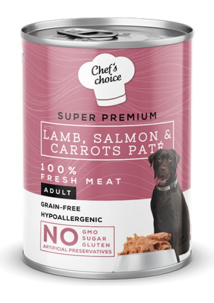 Techmrt Chefs Choice 400 gr x 12 Adet Yetişkin Köpekler Için, Tahılsız, Hipoalerjenik, Kuzu Etli, Somon Balıklı ve Havuçlu Ezme
