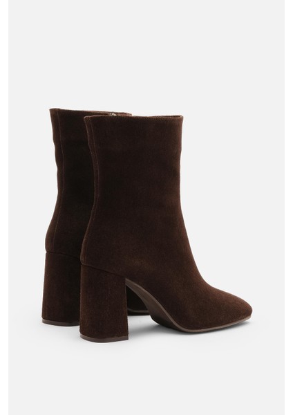 Bestyle Gerçek Deri Acı Kahve Süet Fermuarlı Topuklu Bot
