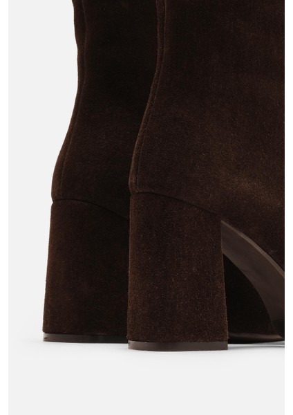 Bestyle Gerçek Deri Acı Kahve Süet Fermuarlı Topuklu Bot