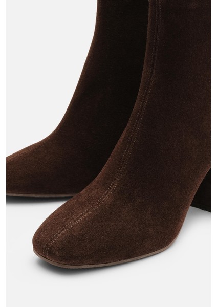 Bestyle Gerçek Deri Acı Kahve Süet Fermuarlı Topuklu Bot