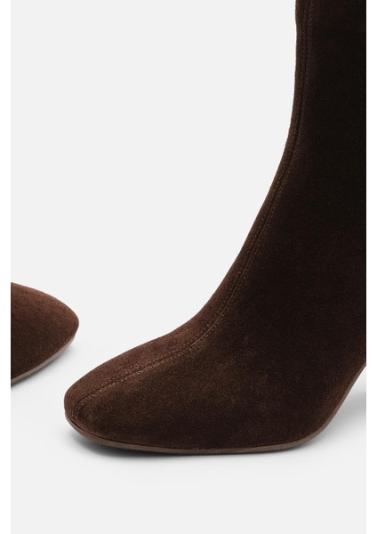 Bestyle Gerçek Deri Acı Kahve Süet Fermuarlı Topuklu Bot