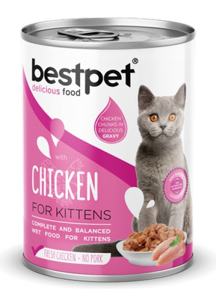 Techmrt Bestpet 400 gr x 12 Adet Yavru Kediler Için, Taze Tavuk Parça Etli ve Soslu Yaş Mama