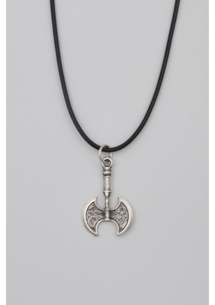 Viking Çift Taraflı Balta Kolye - PU Deri İp Zincirli Unisex Gümüş Kaplama - 60 cm