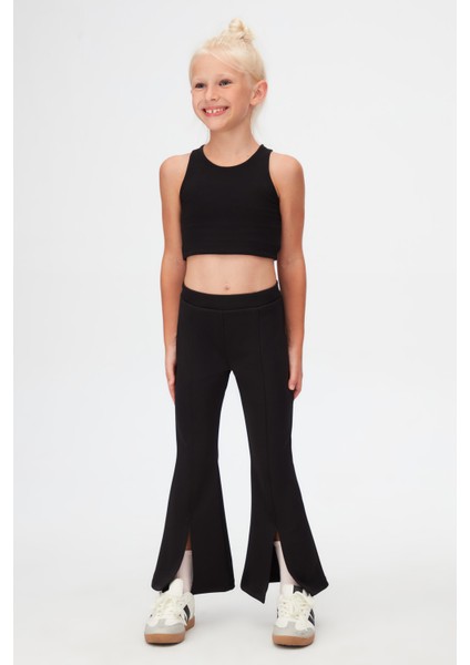 Siyah Kız Çocuk Ön Yırtmaçlı Nervürlü Scuba Pantolon