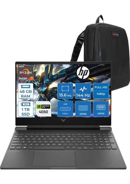 Victus Gaming Amd Ryzen 7-7445HS 48GB Ddr5 1tb SSD Rtx RTX4050/6GB 15.6" Fhd (1920 x 1080), 144 Hz, Ips, 300 Nits Freedos Gaming Bilgisayar WBX9U9EAF18+ZETTAÇANTA