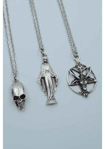 3'lü Kuru Kafa Meryem Ana Ters Keçi Baphomet Gümüş Kaplama Kolye Seti