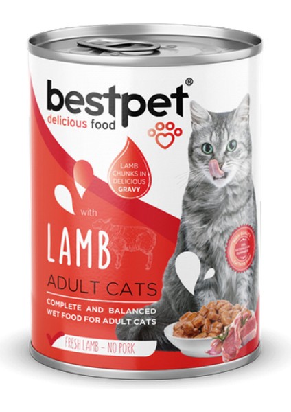 Techmrt Bestpet 400 gr x 12 Adet Yetişkin Kediler Için, Taze Kuzu Parça Etli ve Soslu Yaş Mama