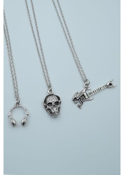 3'lü Kulaklık Kuru Kafa Gitar Dj Kuru Kafa Gümüş Kaplama Kolye Seti