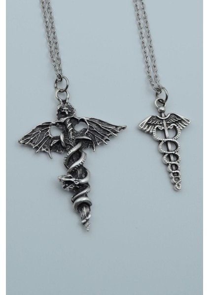 2'li Yarasa Yılan Kılıç Tıp Kadüse Gümüş Kaplama Kolye Seti