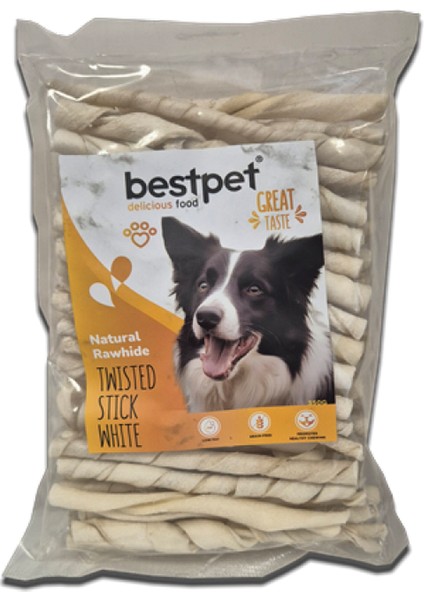 Techmrt Bestpet 350 gr Twisted Stick White, %100 Doğal Deri Beyaz Burgu Köpek Ödül Çubuğu