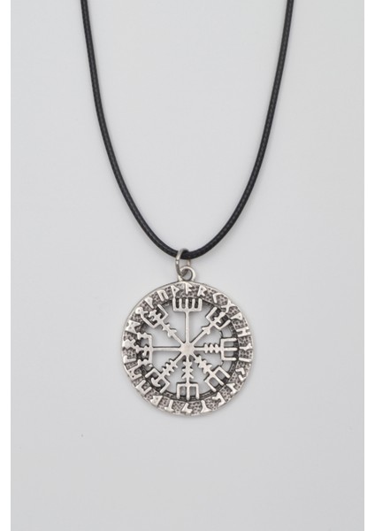 Viking Pusula Kolye (Vegvisir) - Pu Deri Ip Zincirli Unisex Gümüş Kaplama - 60 cm