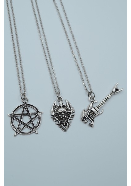 3'lü Pentagram Kuru Kafa Gitar Diablo Kalkan Gümüş Kaplama Kolye Seti