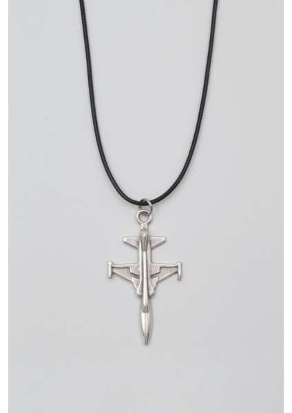 F-5 Tiger Savaş Uçağı Kolye - PU Deri İp Zincirli Unisex Gümüş Kaplama Havacı Takı - 60 cm
