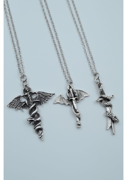 3'lü Yarasa Kılıç Yılan Kılıç Ejderha Kılıç Gümüş Kaplama Kolye Seti