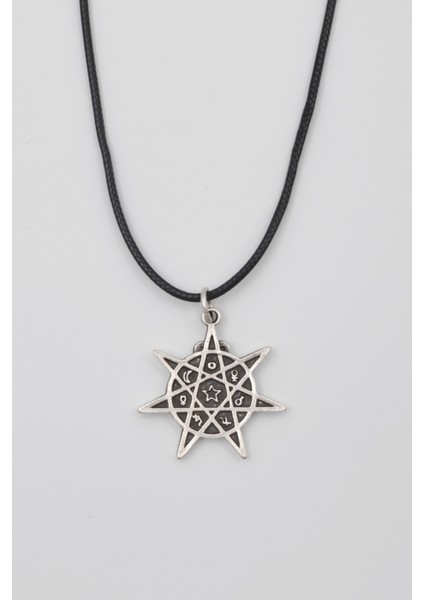 Heptagram Astroloji 7 Nokta Yıldız Kolye - PU Deri İp Zincirli Unisex Gümüş Kaplama - 60 cm