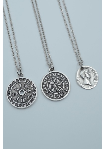 3'lü Viking Pusula Tılsım Sezar Sikke - Caesar Gümüş Kaplama Kolye Seti