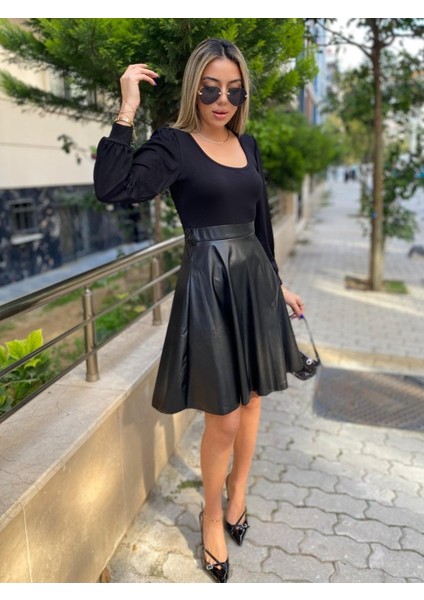 Kadın Uzun Kollu Üst Viskon Alt Kloş Deri Elbise fiyatları
