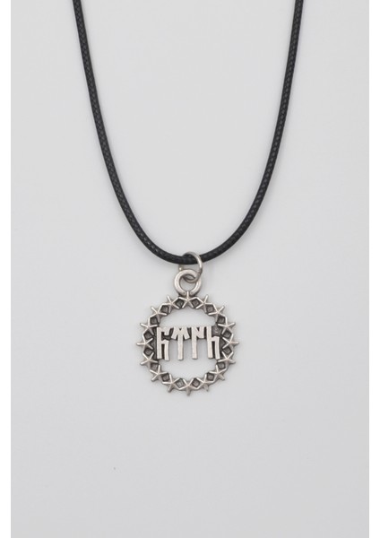 Göktürkçe Türk Yazılı ve Yıldızlı Kolye - PU Deri İp Zincirli Unisex Gümüş Kaplama - 60 cm
