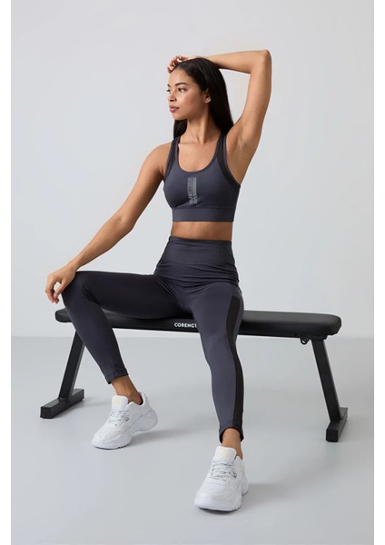 Antrasit Polyester Esnek Standart Fit Performans Kadın Tayt Takım 95332