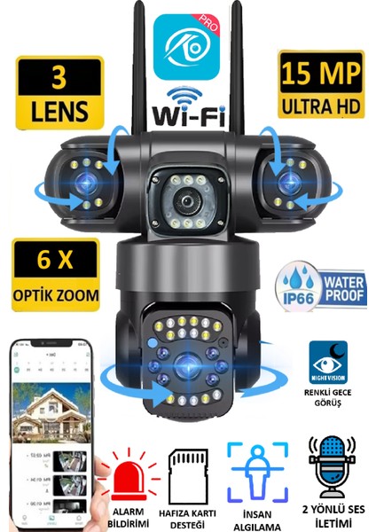 PRO O-KAM 6030 3 Kamera 3 Görüntü 15MP (5MP+5MP+5MP) Gece Görüş Wifi Sesli Konuşma Türkçe