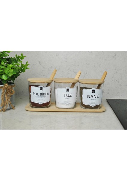 3\'lü Bambu Kapaklı Standlı Kaşıklı Cam Baharatlık Takımı Tezgah Üstü Baharatlık Seti ( 6\'lı Etiket) modelleri