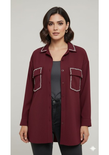 Bordo Renkli ve Taşlı Gömlek