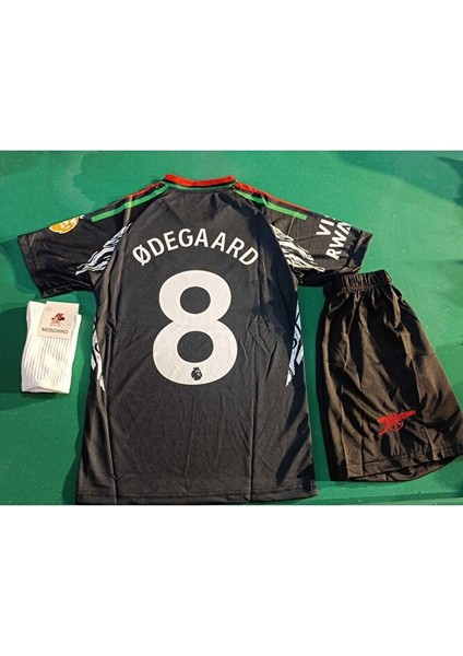 Arsenal 2024/25 Sezonu Martin Odegard 8 Siyah Çocuk Futbol Forma 3 Lü Set. Forma+Şort+Çorap