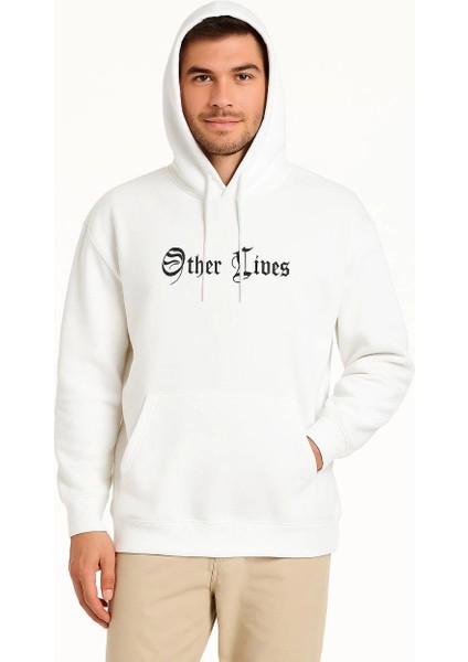 Erkek Kapşonlu Sweatshirt - Oversize 'other Lives' Ön & Arka Baskılı- Beyaz