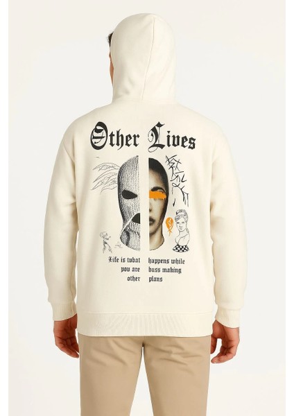 Erkek Kapşonlu Sweatshirt - Oversize 'other Lives' Ön & Arka Baskılı- Beyaz fiyatları