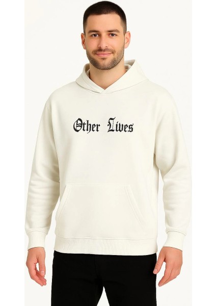 Erkek Kapşonlu Sweatshirt - Oversize 'other Lives' Ön & Arka Baskılı- Beyaz modelleri