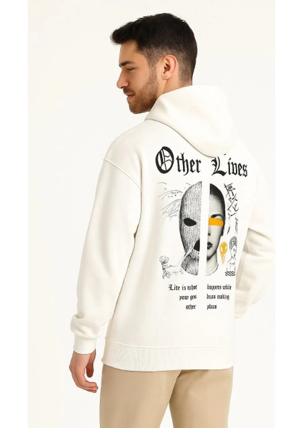 Erkek Kapşonlu Sweatshirt - Oversize 'other Lives' Ön & Arka Baskılı- Beyaz fırsatları