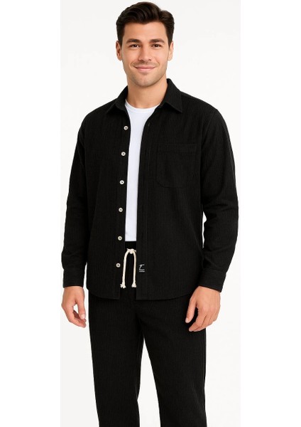 Erkek Kadife Oversize Takım - Gömlek ve Pantolon Ikili Set Siyah modelleri