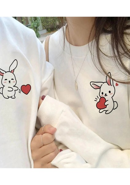 Tavşan Baskılı Sevgili Çift Kombini Kapüşonlu Sweatshirt & Hodie - Beyaz fiyatları