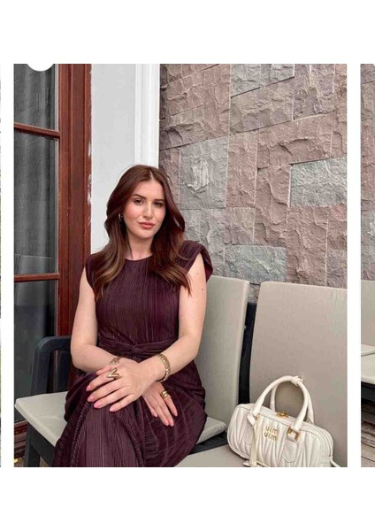 Kadın Siyah Pliseli Sıfır Kol Bağlama Detaylı Elbise modelleri