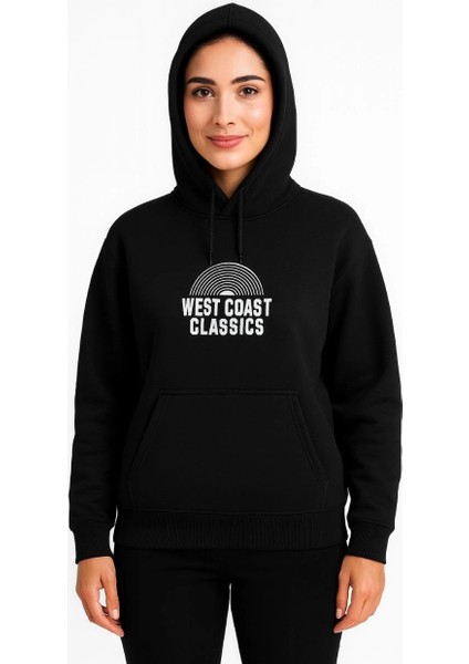 Kadın Kapşonlu Sweatshirt - Oversize'west Coast Classics' - Siyah