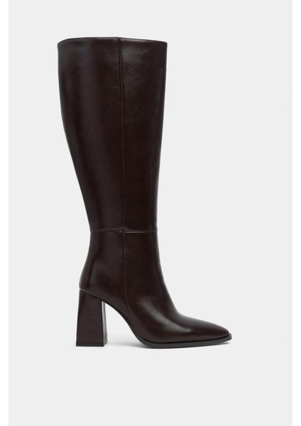 Jules Kahve Raşel Rustik Desen Fermuar Detay Kadın Topuklu Çizme