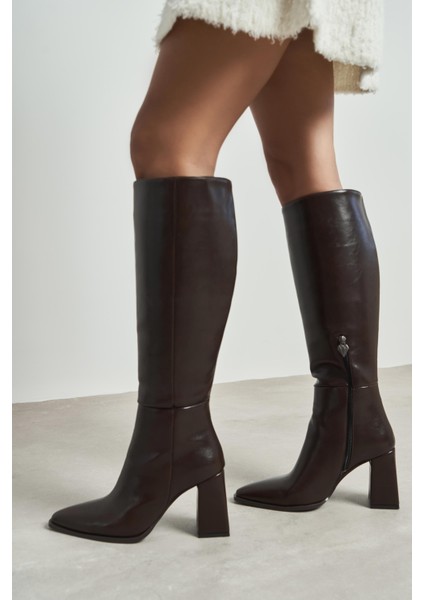 Jules Kahve Raşel Rustik Desen Fermuar Detay Kadın Topuklu Çizme modelleri