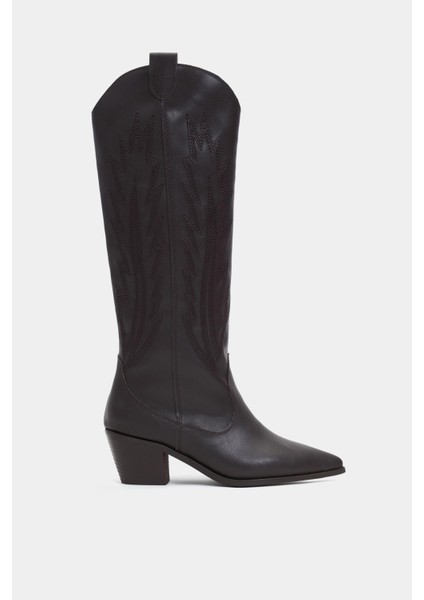 Navi Kahve Mat Sivri Burun Nakış Detay Kalın Topuklu Kadın Çizme fiyatları