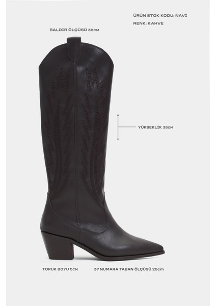 Navi Kahve Mat Sivri Burun Nakış Detay Kalın Topuklu Kadın Çizme modelleri