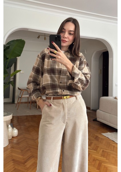 Oversize Ekose Desen Oduncu Gömlek- Kahverengi