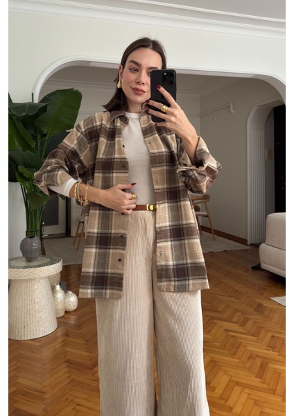 Oversize Ekose Desen Oduncu Gömlek- Kahverengi fiyatları