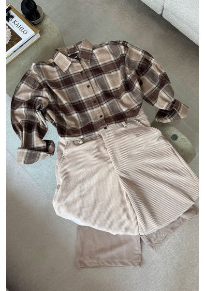 Oversize Ekose Desen Oduncu Gömlek- Kahverengi modelleri