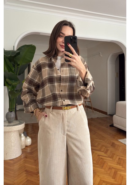 Oversize Ekose Desen Oduncu Gömlek- Kahverengi indirimleri